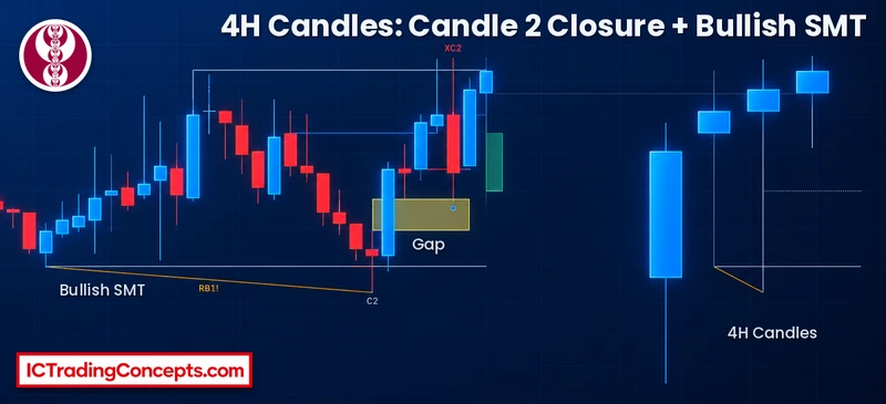Failure to manipulate with HTF bias: 15-minute chart with 4-hour candles, a bullish SMT and a gap