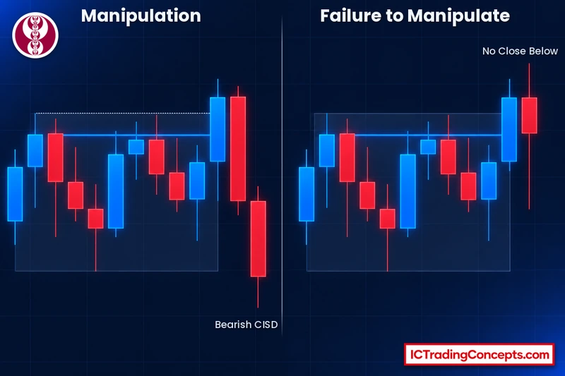 Manipulation vs failure to manipulate: close back below vs hold above the high