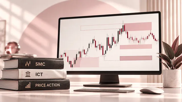 Books on SMC, ICT and price action beside a chart